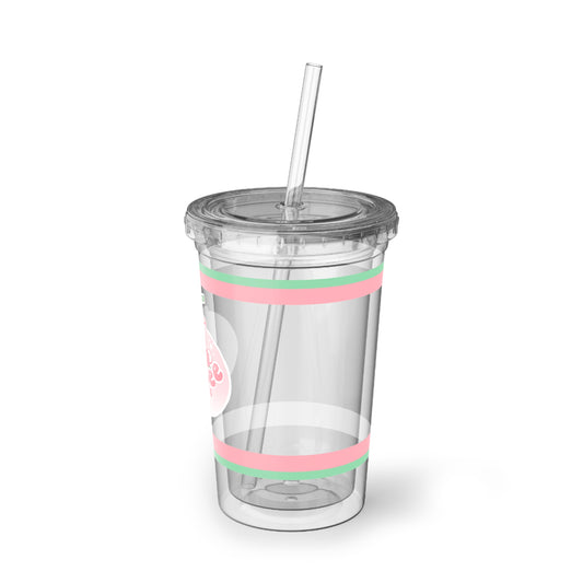 Lychee Soda Acrylic Tumbler - Cute Pink & Green Cold Cup with Straw