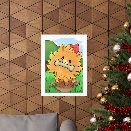 Watermarked - Pombon found a Rare Bone!! Poster — Cute Fluffy Yellow Pocket Monster Puppy Illustration Large Art Print