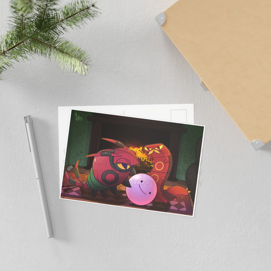 Watermarked - Collectable Art Postcard — Cozy Pocket Monster Venipede & Sizzlipede Fireplace Illustration