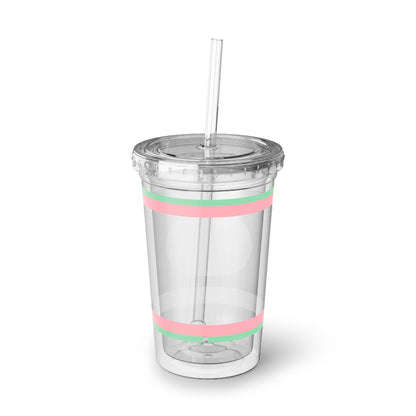 Lychee Soda Acrylic Tumbler - Cute Pink & Green Cold Cup with Straw