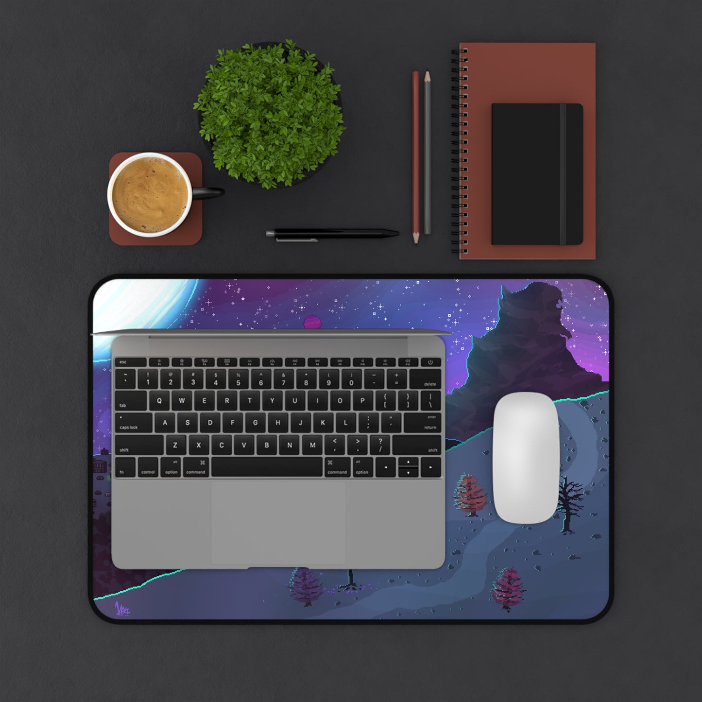 Pixel Art Kaiju Mountain Galaxy Nightscape Desk Mat — Moonlit Mountain & Starry Sky Mousepad