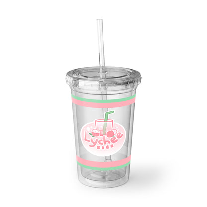 Lychee Soda Acrylic Tumbler - Cute Pink & Green Cold Cup with Straw