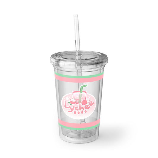 Lychee Soda Acrylic Tumbler - Cute Pink & Green Cold Cup with Straw