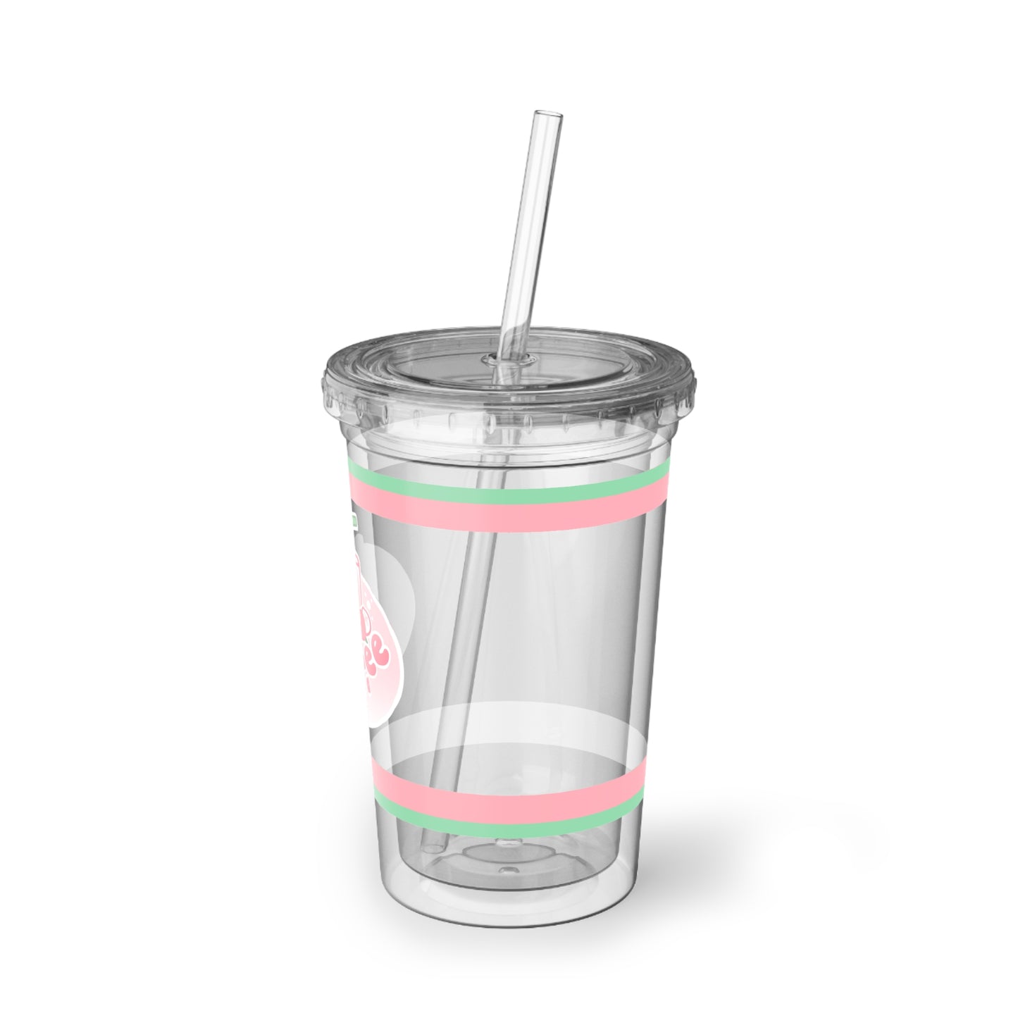 Lychee Soda Acrylic Tumbler - Cute Pink & Green Cold Cup with Straw