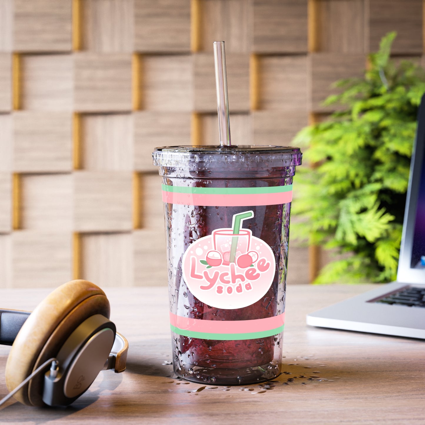 Lychee Soda Acrylic Tumbler - Cute Pink & Green Cold Cup with Straw
