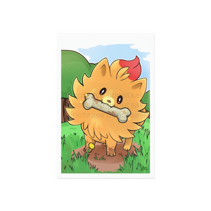 Watermarked - Collectable Art Postcard —Pombon Found a Rare Bone!! Cute Yellow Pocket Monster Dog Illustration