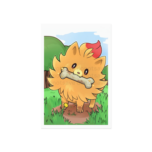 Watermarked - Collectable Art Postcard —Pombon Found a Rare Bone!! Cute Yellow Pocket Monster Dog Illustration