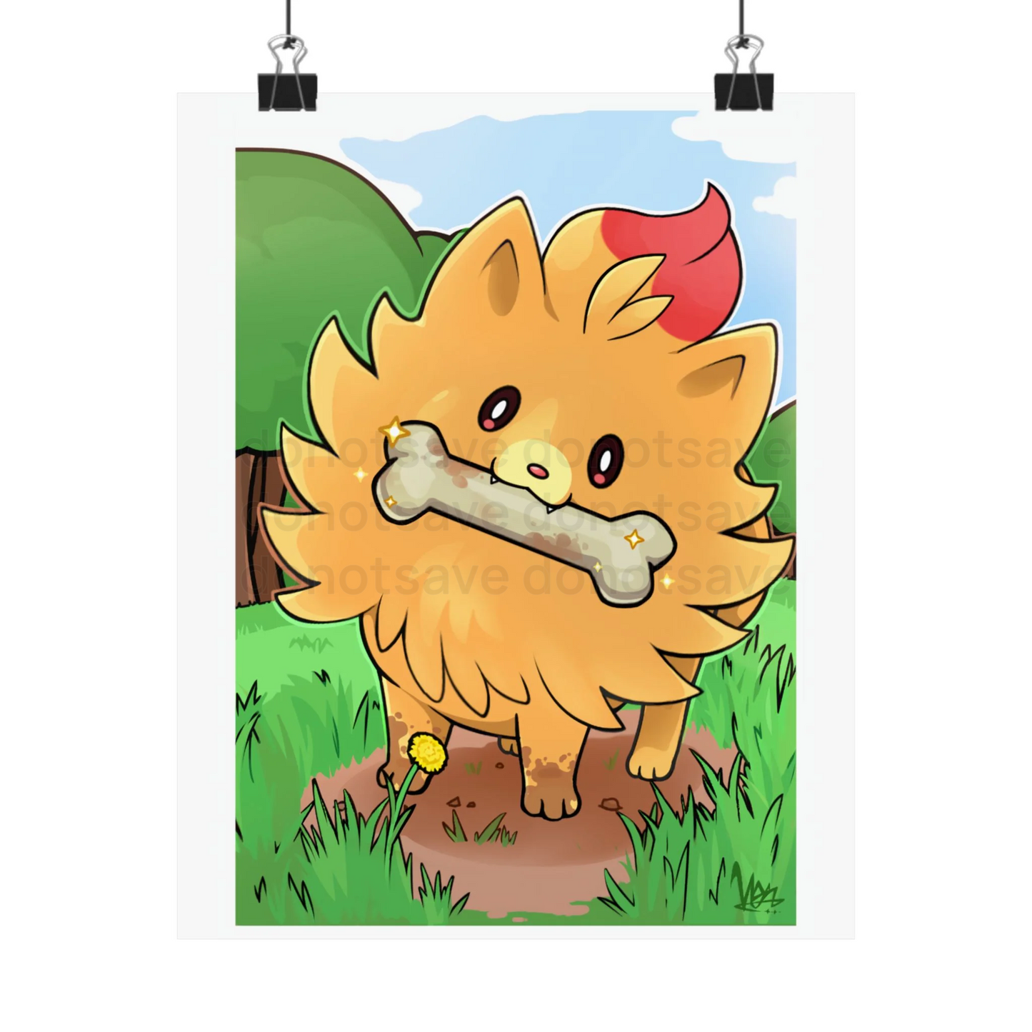 Watermarked - Pombon found a Rare Bone!! Poster — Cute Fluffy Yellow Pocket Monster Puppy Illustration Large Art Print