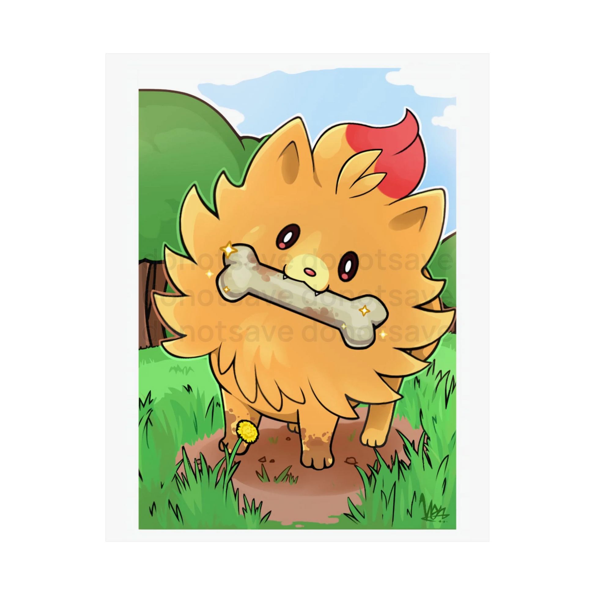 Watermarked - Pombon found a Rare Bone!! Poster — Cute Fluffy Yellow Pocket Monster Puppy Illustration Large Art Print