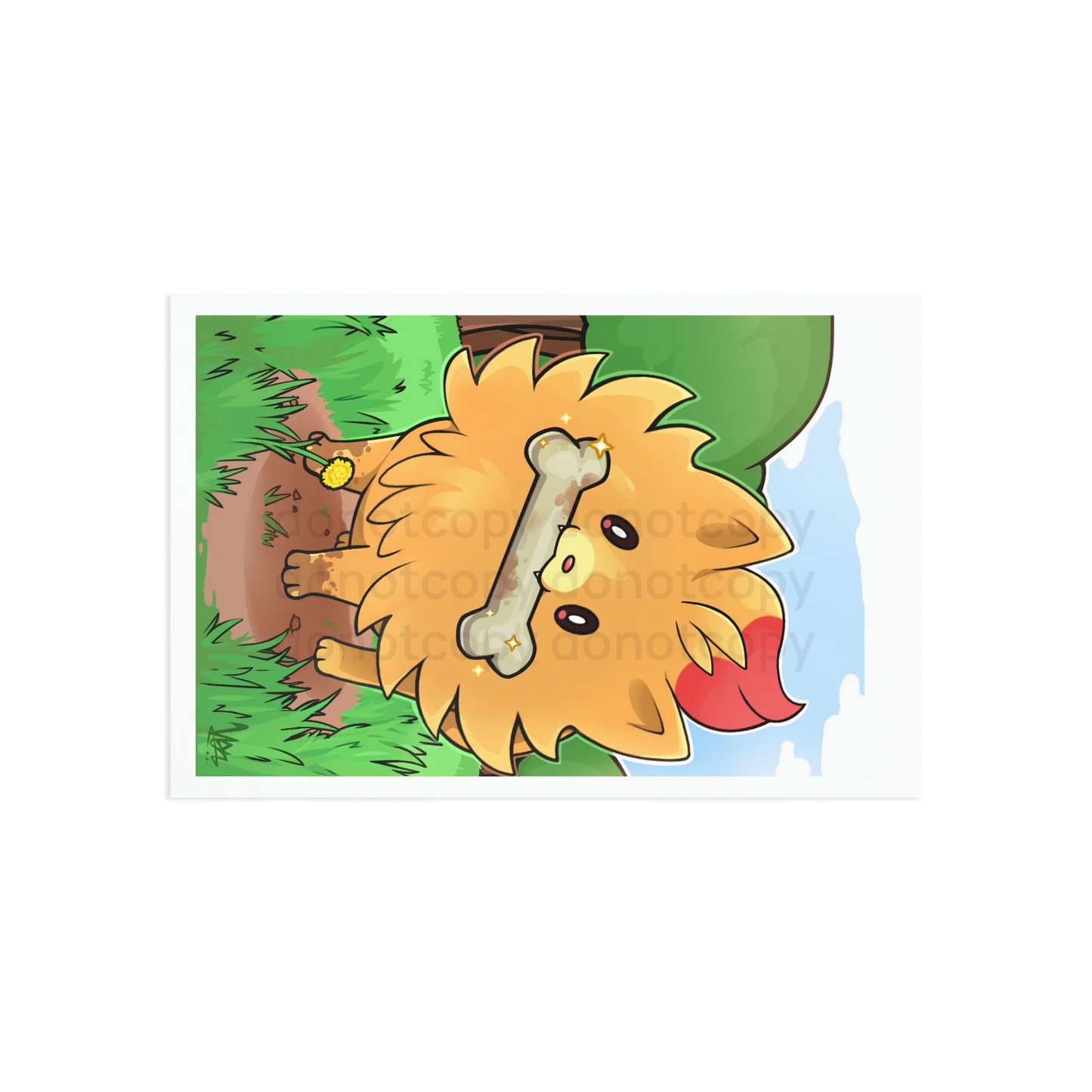 Watermarked - Collectable Art Postcard —Pombon Found a Rare Bone!! Cute Yellow Pocket Monster Dog Illustration