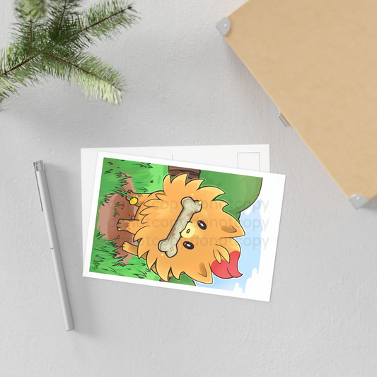 Watermarked - Collectable Art Postcard —Pombon Found a Rare Bone!! Cute Yellow Pocket Monster Dog Illustration
