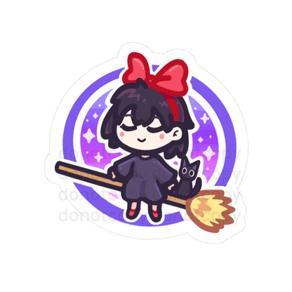 Watermarked - Cute Little Witch Kiki Sticker – Cute Girl on Broom with Black Cat, Halloween Decal Version 2