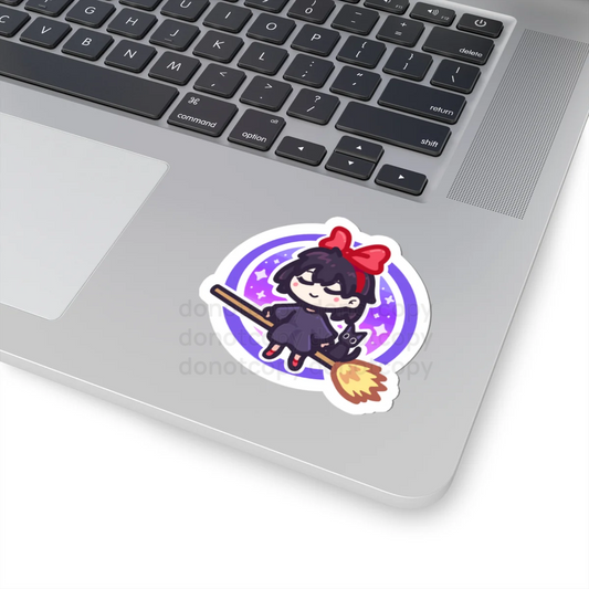 Watermarked - Cute Little Witch Kiki Sticker – Cute Girl on Broom with Black Cat, Halloween Decal Version 2