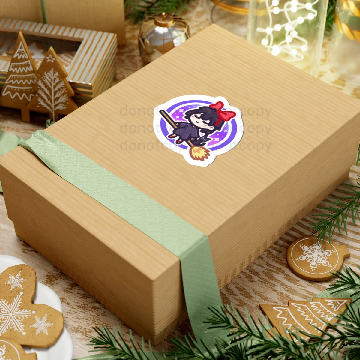 Watermarked - Cute Little Witch Kiki Sticker – Cute Girl on Broom with Black Cat, Halloween Decal Version 2