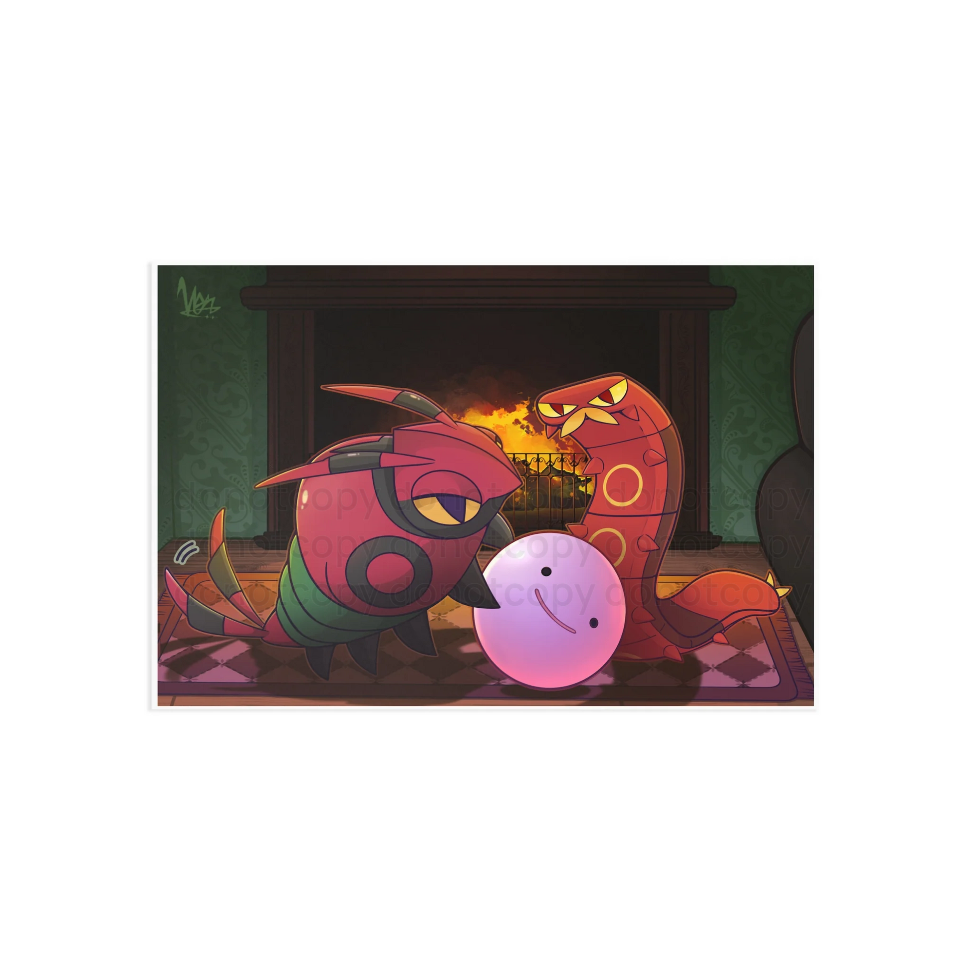 Watermarked - Collectable Art Postcard — Cozy Pocket Monster Venipede & Sizzlipede Fireplace Illustration