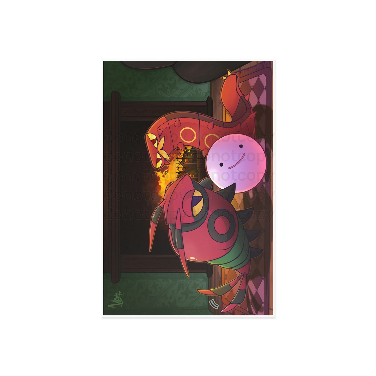 Watermarked - Collectable Art Postcard — Cozy Pocket Monster Venipede & Sizzlipede Fireplace Illustration