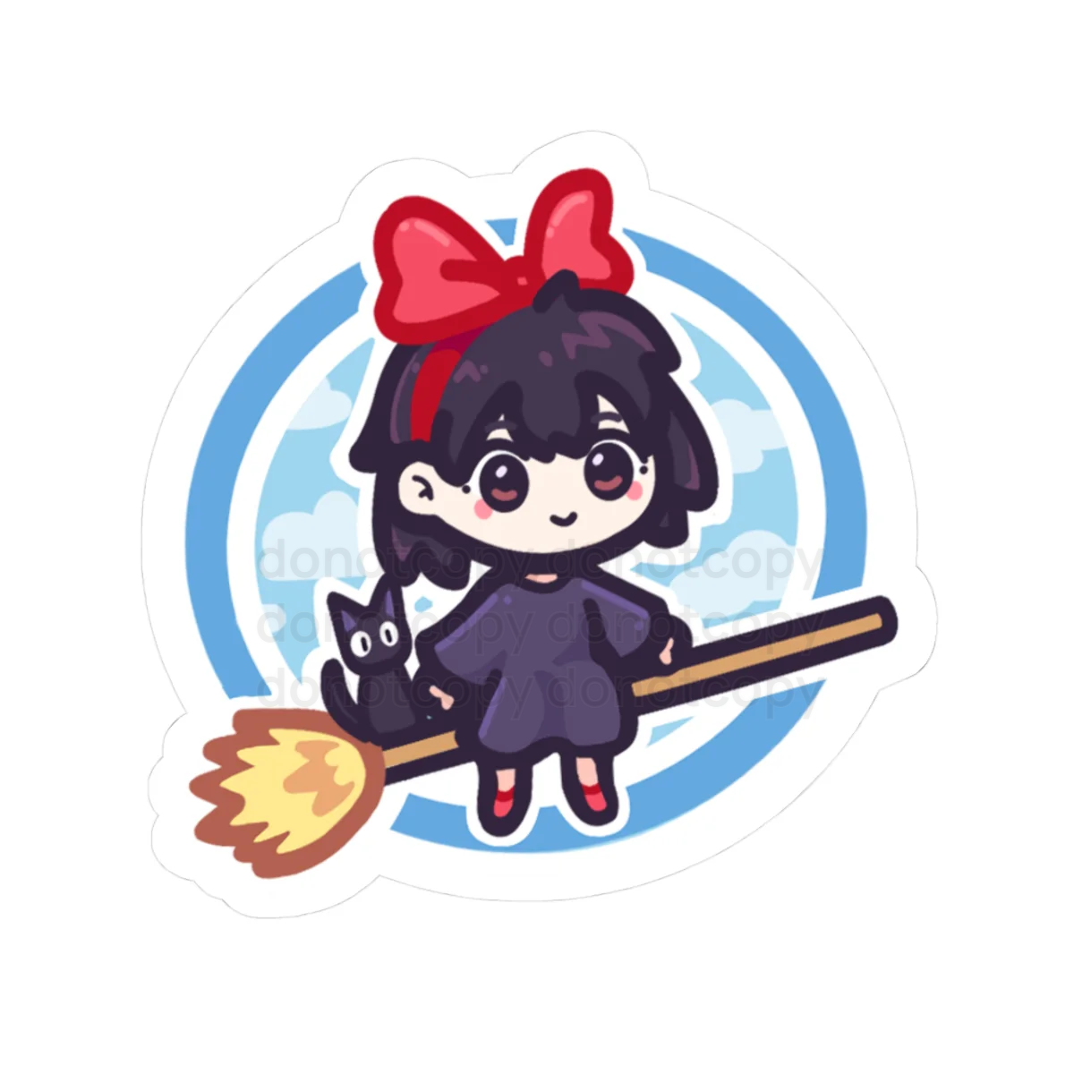 Watermarked - Cute Little Witch Kiki Sticker – Cute Girl on Broom with Black Cat, Halloween Decal Version 1