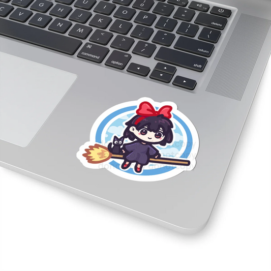 Watermarked - Cute Little Witch Kiki Sticker – Cute Girl on Broom with Black Cat, Halloween Decal Version 1