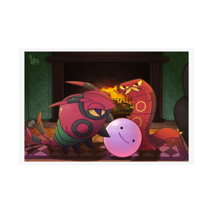 Watermarked - Venipede & Sizzlipede Fireplace Poster — Cozy Pocket Monster Cute Bug Fireplace Illustration Large Art Print