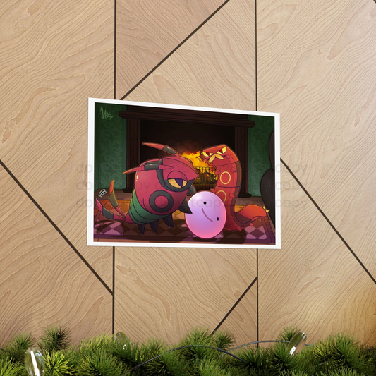 Watermarked - Venipede & Sizzlipede Fireplace Poster — Cozy Pocket Monster Cute Bug Fireplace Illustration Large Art Print