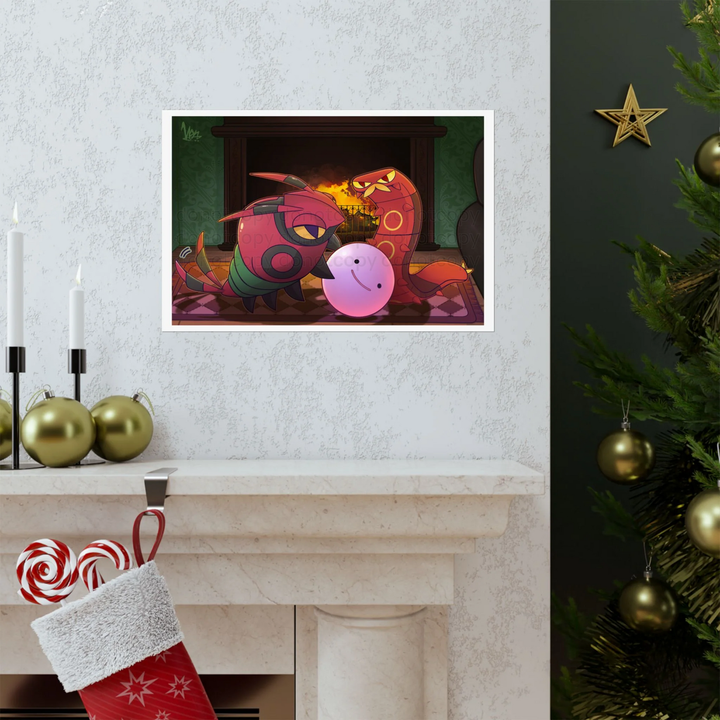 Watermarked - Venipede & Sizzlipede Fireplace Poster — Cozy Pocket Monster Cute Bug Fireplace Illustration Large Art Print