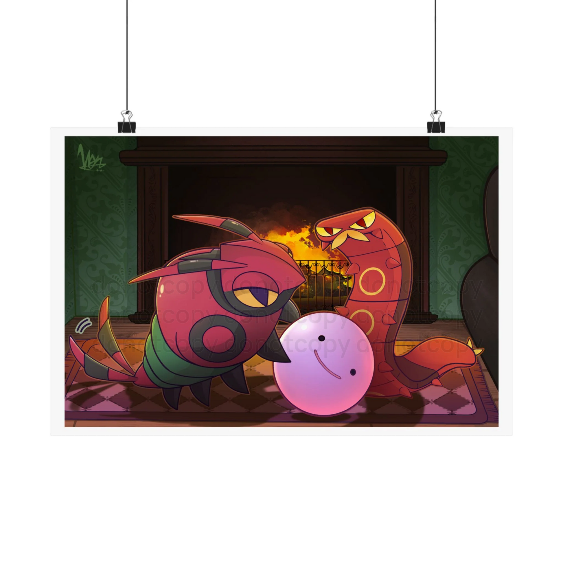 Watermarked - Venipede & Sizzlipede Fireplace Poster — Cozy Pocket Monster Cute Bug Fireplace Illustration Large Art Print