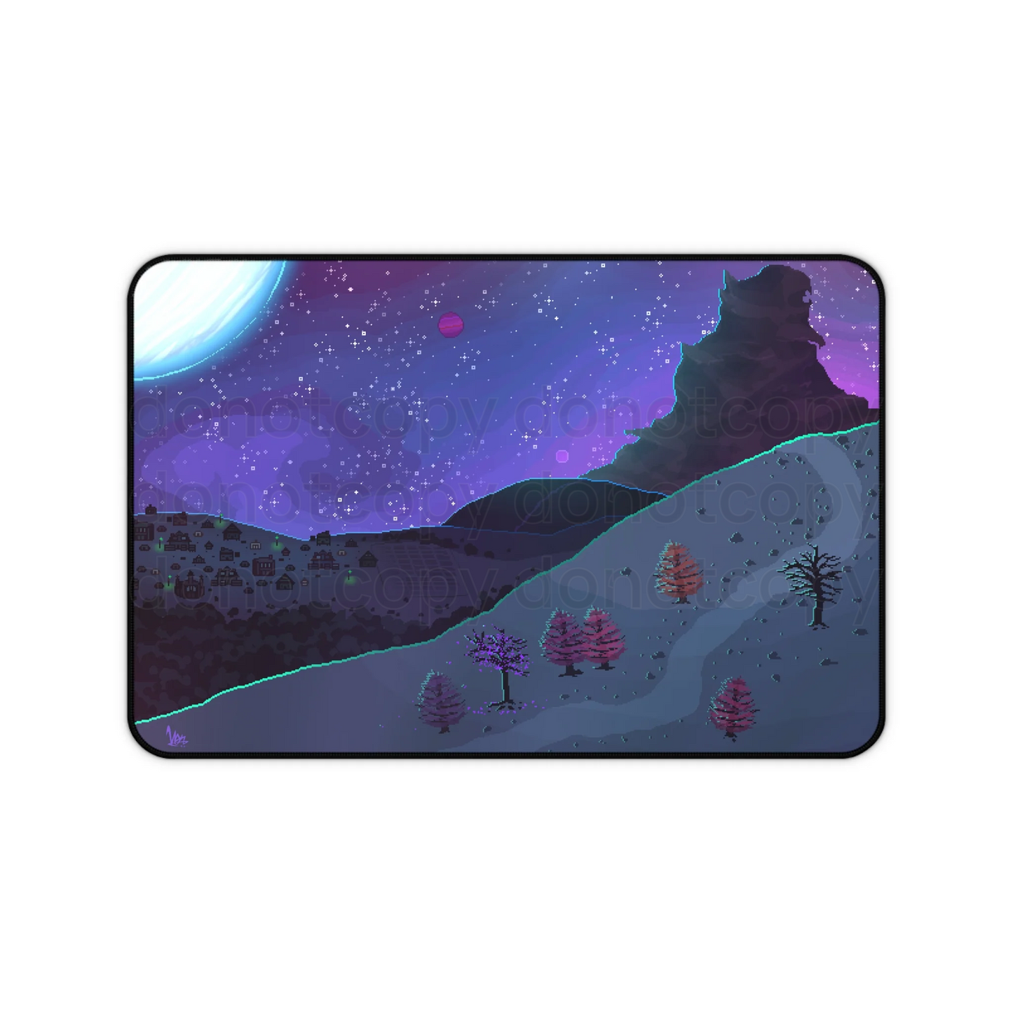 Watermarked - Pixel Art Kaiju Mountain Galaxy Nightscape Desk Mat — Moonlit Mountain & Starry Sky Mousepad