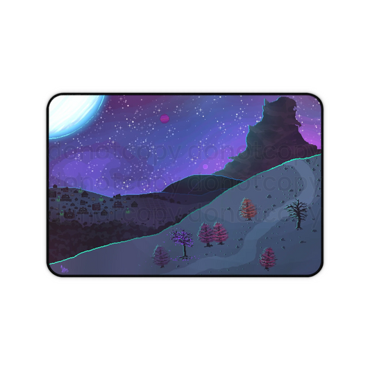 Watermarked - Pixel Art Kaiju Mountain Galaxy Nightscape Desk Mat — Moonlit Mountain & Starry Sky Mousepad