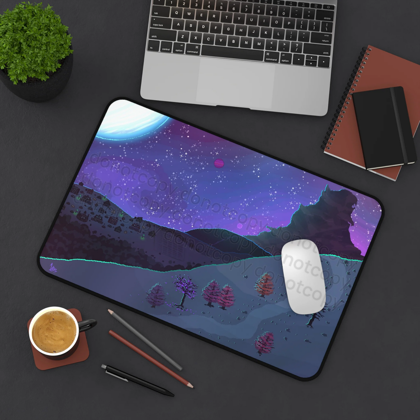 Watermarked - Pixel Art Kaiju Mountain Galaxy Nightscape Desk Mat — Moonlit Mountain & Starry Sky Mousepad