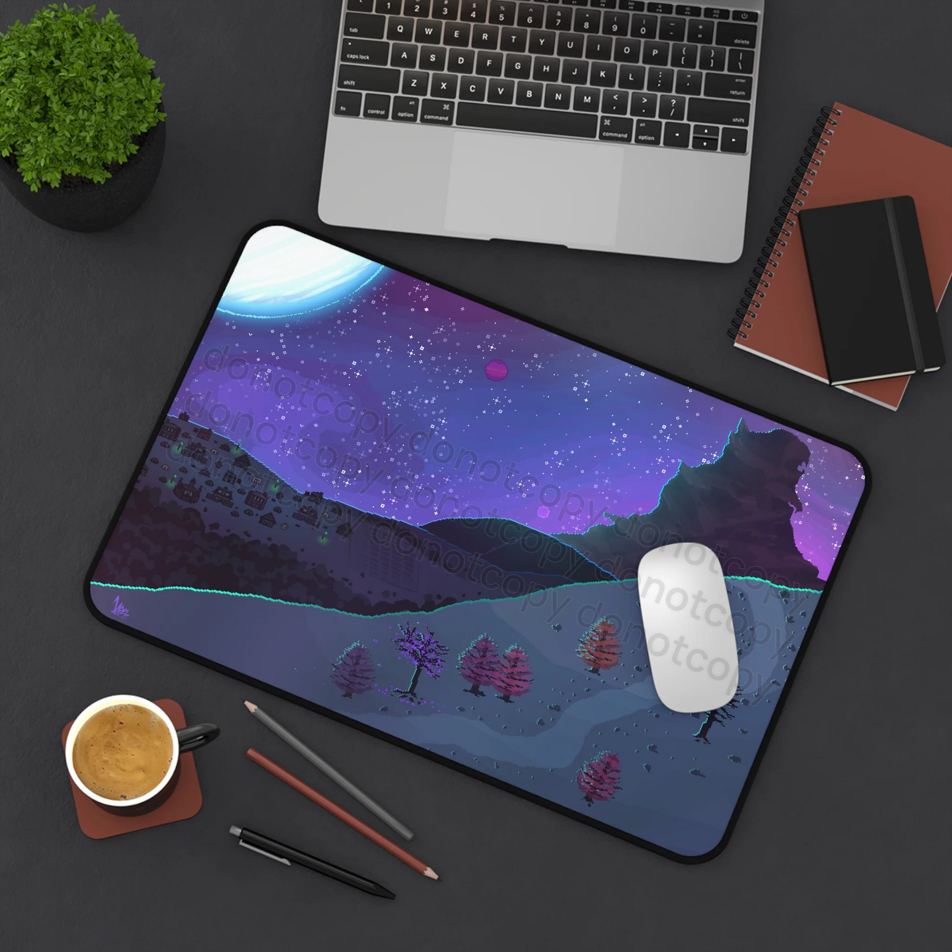 Watermarked - Pixel Art Kaiju Mountain Galaxy Nightscape Desk Mat — Moonlit Mountain & Starry Sky Mousepad