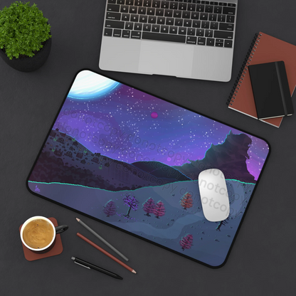 Watermarked - Pixel Art Kaiju Mountain Galaxy Nightscape Desk Mat — Moonlit Mountain & Starry Sky Mousepad